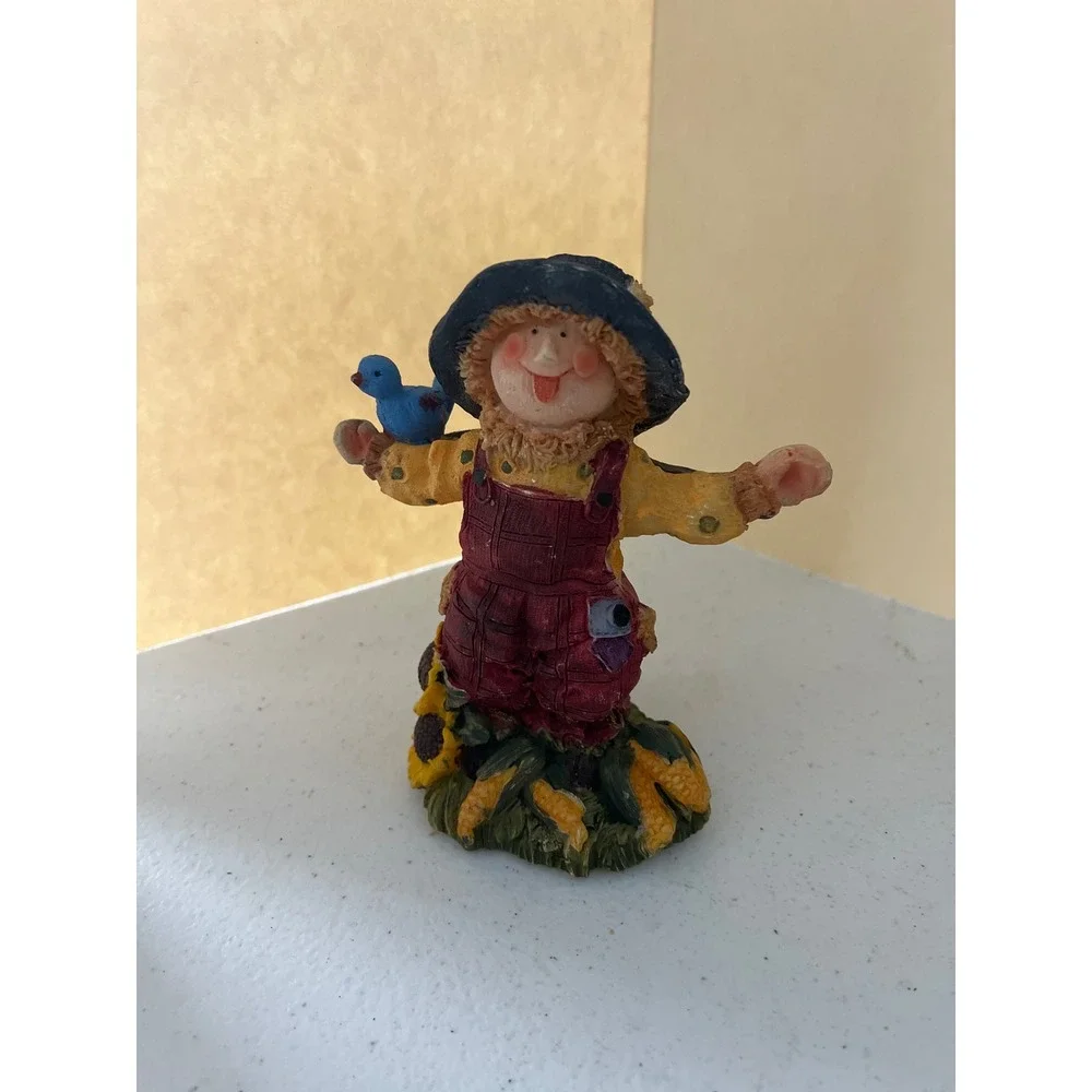 Harvest Scarecrow Figurine Fall Autumn Decor Sunflower Corn Blue Bird 4.5 Inch
